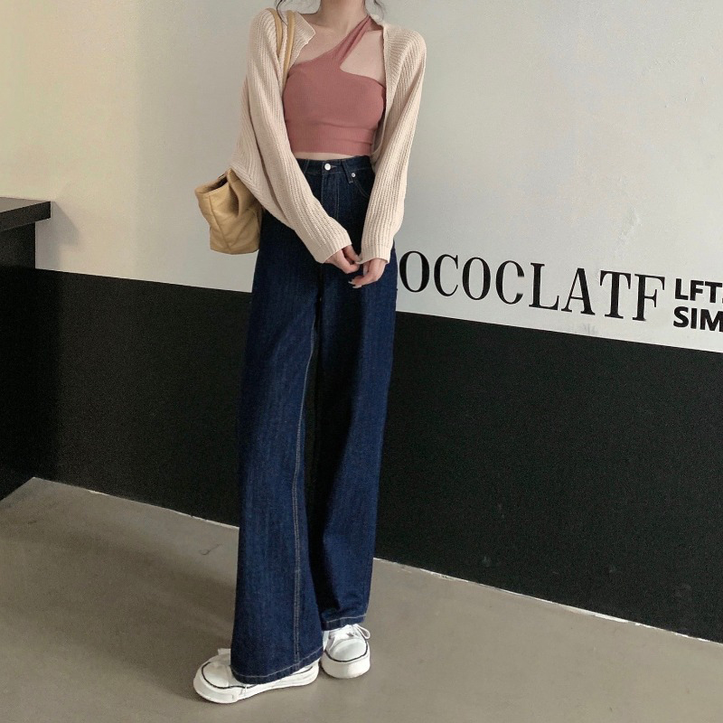 Quần Jean Ống Rộng Lưng Cao Màu Xanh Đậm Thời Trang Mùa Thu Cho Nữ wd1378