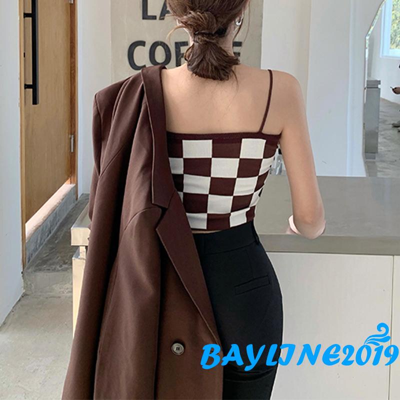 Áo lửng hai dây họa tiết kẻ ô vuông màu nâu/đen thời trang cho nữ