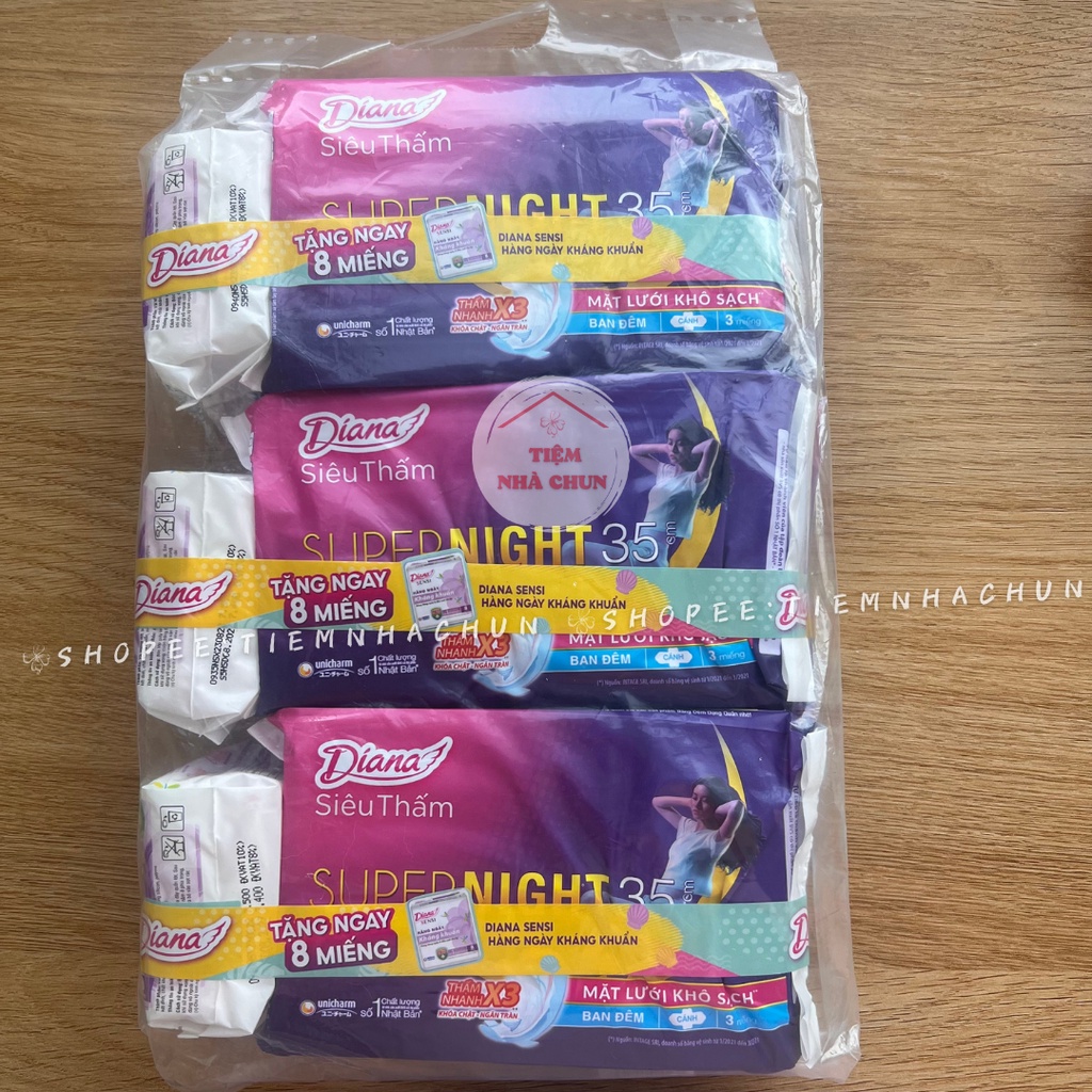 Gói 3 Miếng và Gói 12 Miếng Băng Vệ Sinh Diana Super Night Siêu Thấm Có Cánh CHÍNH HÃNG