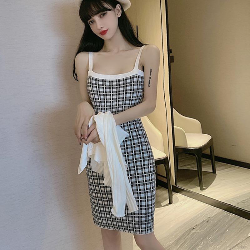 Đầm Dệt Kim Hai Dây Kẻ Sọc Caro Phong Cách Hàn Quốc Cho Nữ