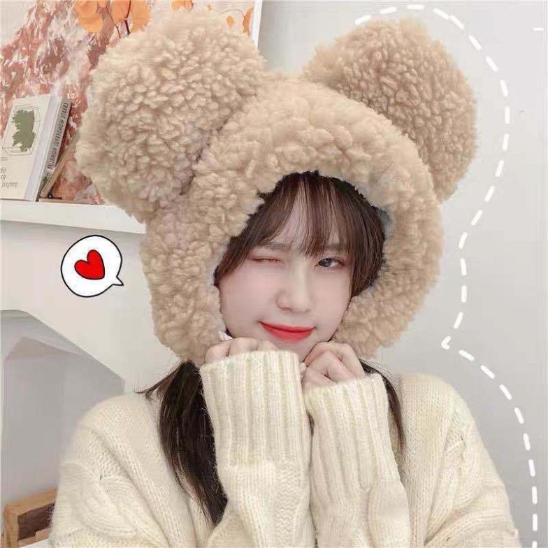 Mũ Lông Cừu Lót nỉ Kèm Tai Siêu Cute Dễ Thương Hàng Quảng Châu Cao Cấp