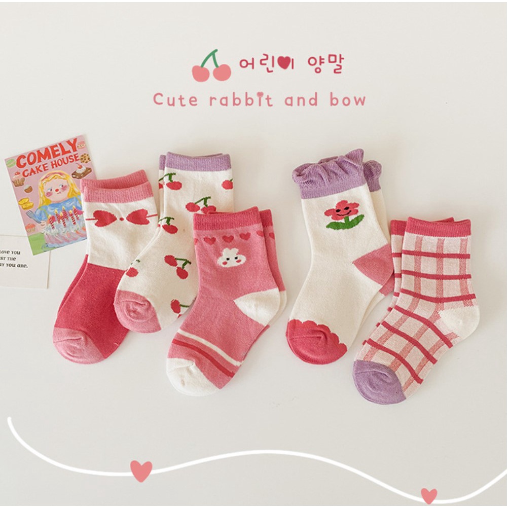 Set 5 Đôi Tất Vớ Cotton Họa tiết Thỏ Trái Tim Dễ Thương Phong Cách Hàn Quốc Cho Bé Gái 2-8 Tuổi