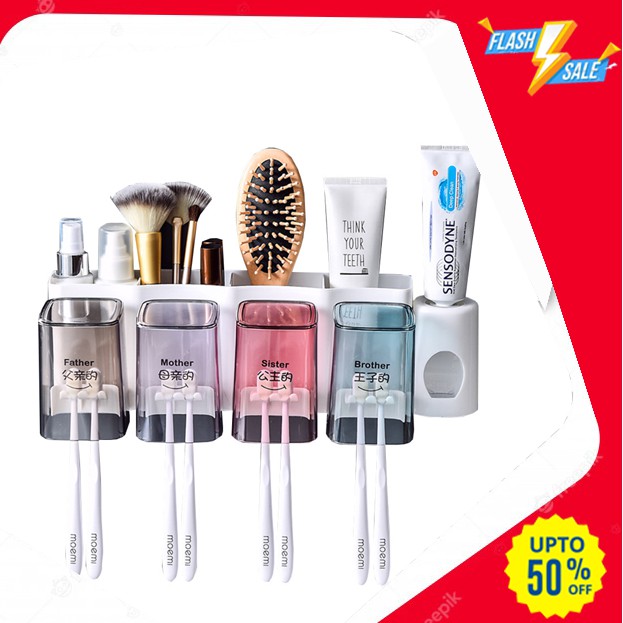 ( Chuẩn Loại 04 Cốc ) Kệ Để Đồ Phòng Tắm Hút Chân Không, Bộ Nhả Kem Đánh Răng Tự Động