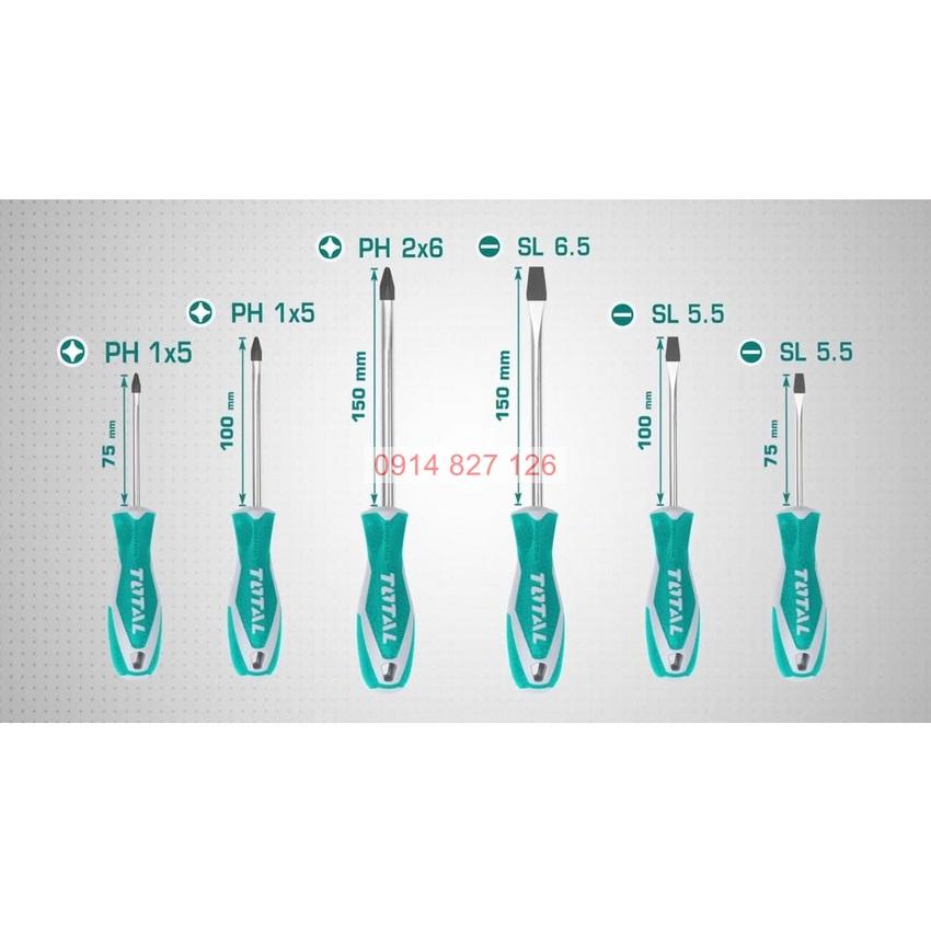 Bộ 6 tua vít TOTAL THT250606 tay cầm thiết kế nhỏ dọn, đuôi tròn chất liệu thép CR-V, Bh 6 tháng Kouritsu Official Store