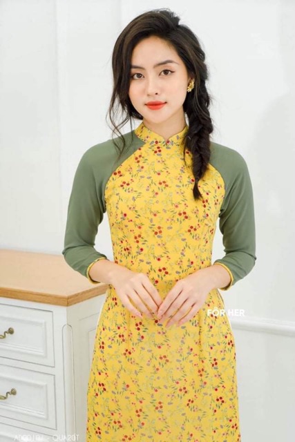 Áo dài hoa nhí tay phối
