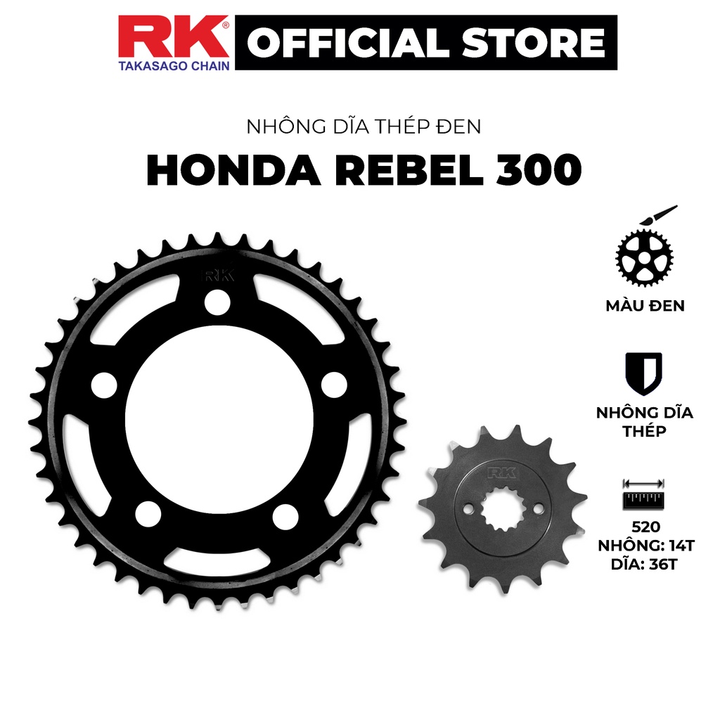Nhông Dĩa RK Takasago chain cho xe phân khối lớn Rebel 300, chất liệu: Thép mạ màu đen, độ dày Nhông Dĩa: 520