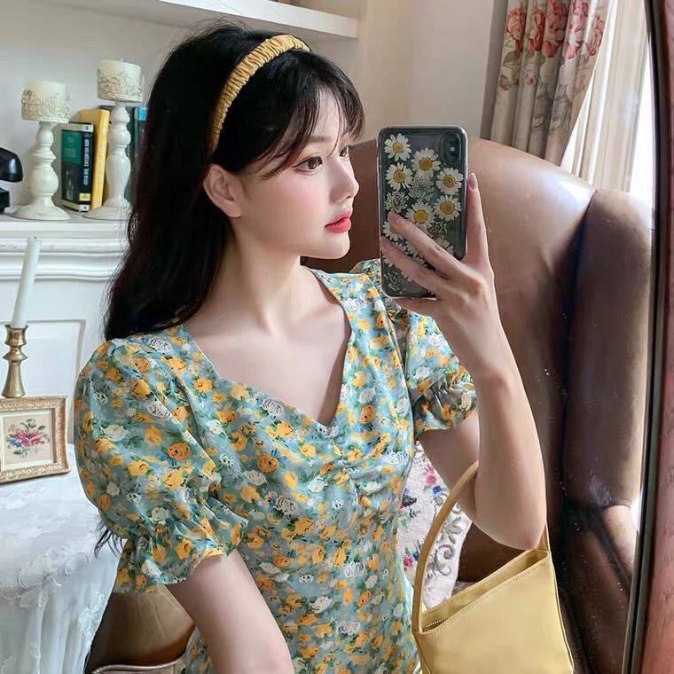 Đầm Xẻ Tà In Họa Tiết Hoa Cúc Phong Cách Pháp Thời Trang Cho Nữ