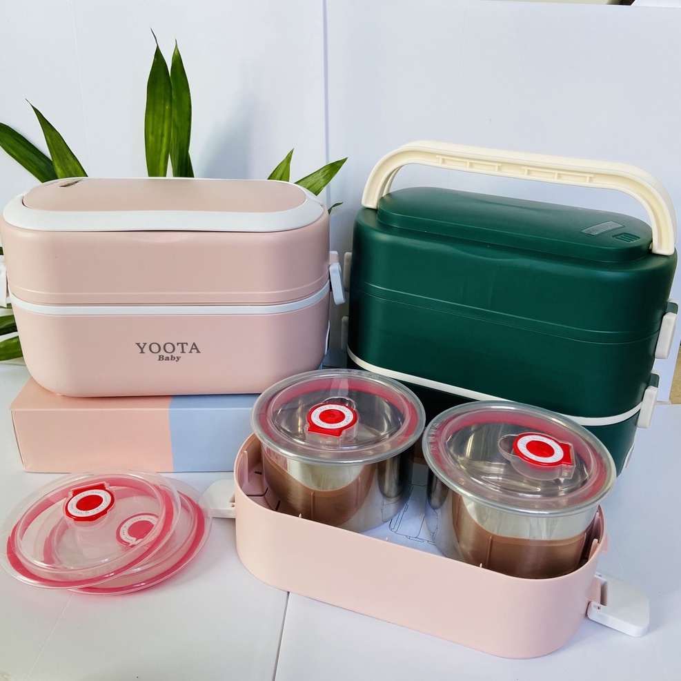 Hộp Cơm Văn Phòng Giữ Nhiệt Cắm Điện 2 Tầng 4 Bát Inox Hâm Nóng Nấu Chín Thức Ăn
