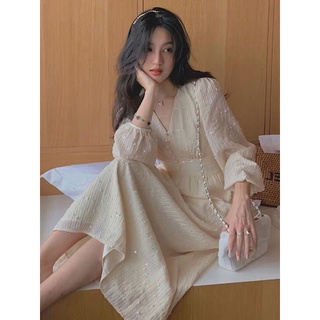 Đầm nữ tay dài cổ chữ V màu mơ thời trang mùa thu mới