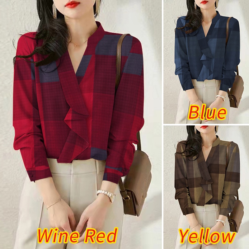 Áo sơ mi ZANZEA tay dài cổ chữ V kẻ sọc caro phong cách vintage cho nữ