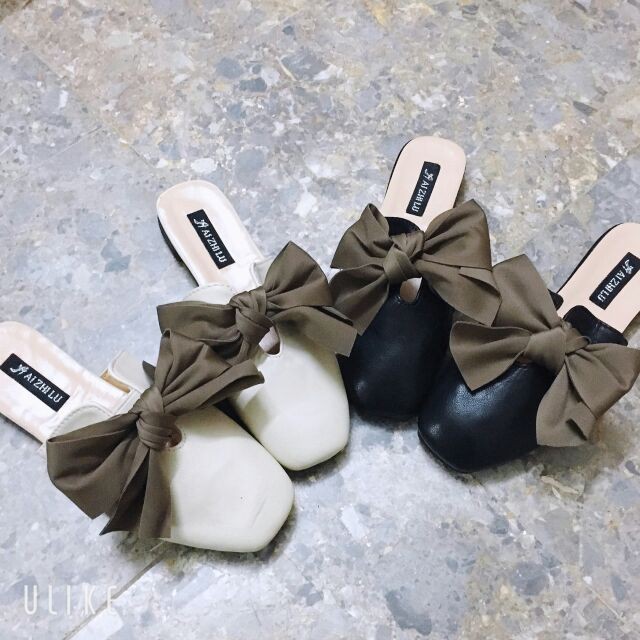 Giày nữ hở gót I Sục da lì mũi vuông nơ to cực bền đẹp Hàng Quảng Châu loại 1 xịn xò | BigBuy360 - bigbuy360.vn