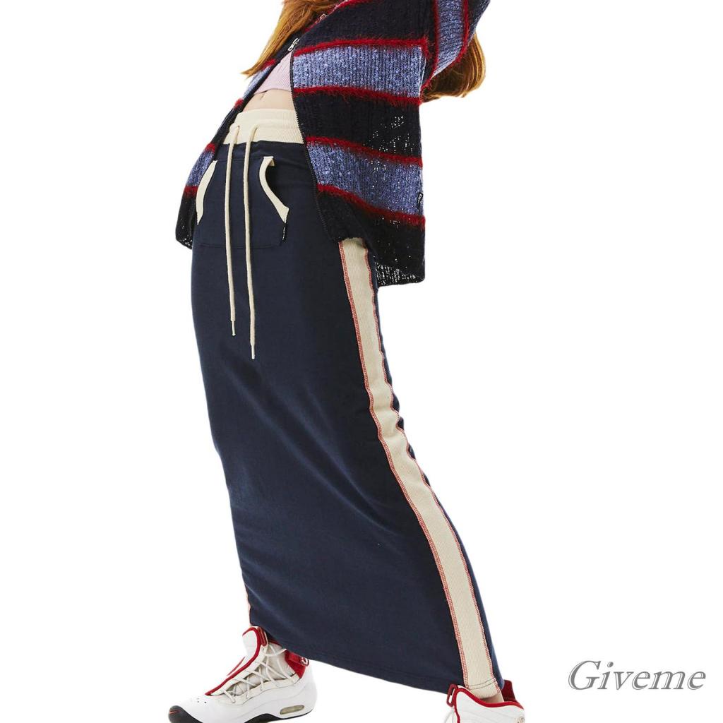 Chân Váy Dài Chữ A Lưng Thun Phối Túi Màu Sắc Tương Phản Phong Cách Cổ Điển Dành Cho Nữ