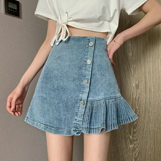 (SẴN) Chân váy denim lưng cao xếp li