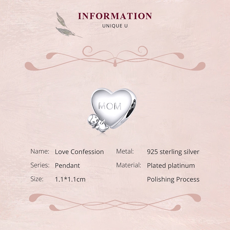 BAMOER Hạt Charm Bạc 925 Hình Trái Tim Khắc Chữ Mother's Day/Baby with Dùng Làm Trang Sức DIY BSC218