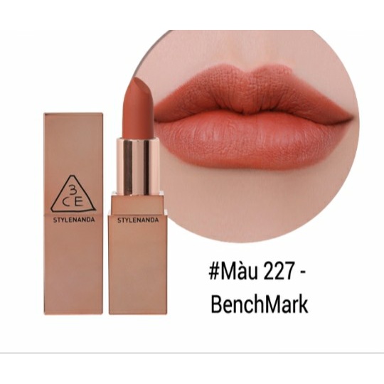 SON 3CE MATTE LIP COLOR VỎ VÀNG MÀU 227 BENCHMARK – MÀU NÂU ĐỎ ẤM ÁNH CAM