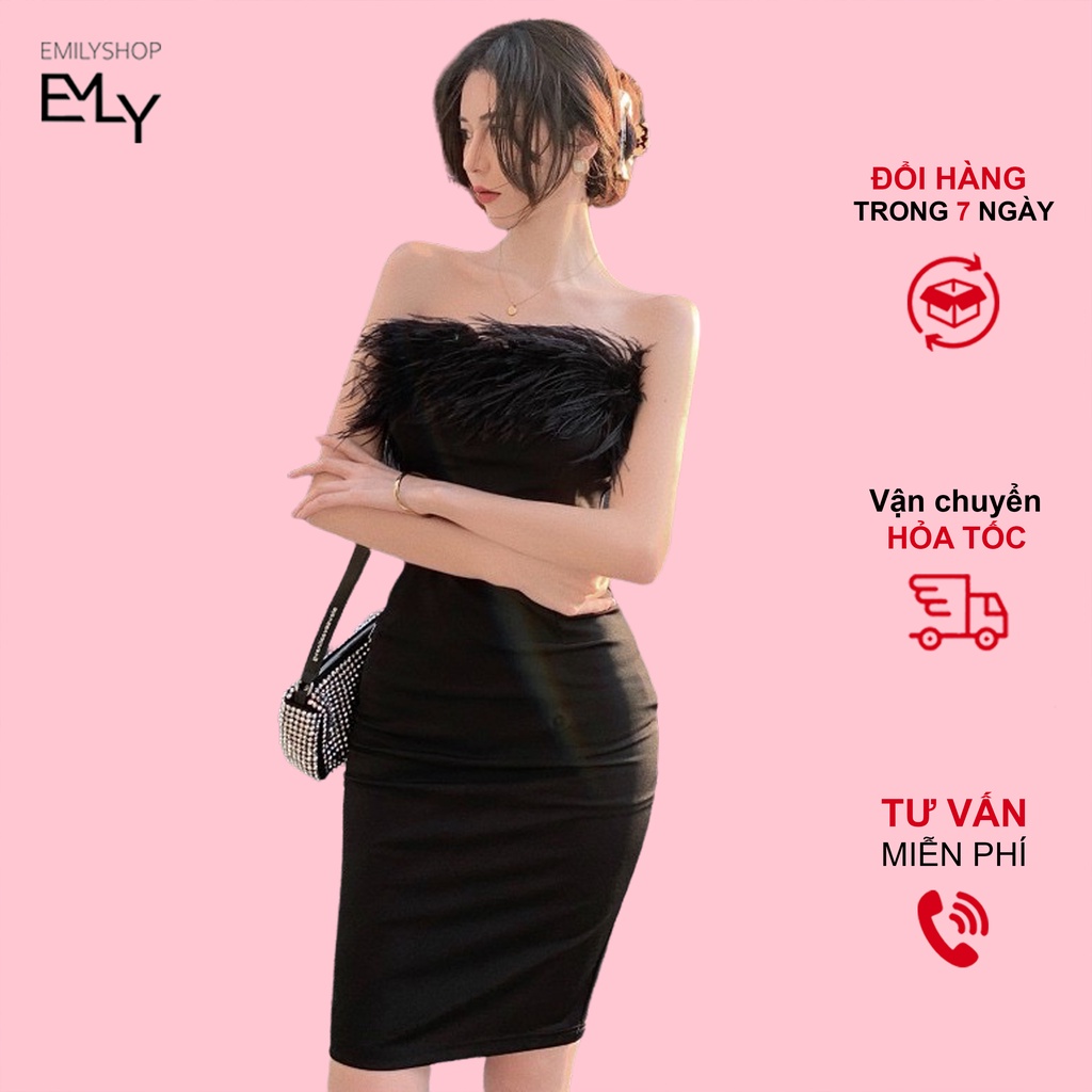 Đầm nữ dự tiệc dáng ôm body cúp ngực đính lông vũ Emilyshop ulzzang