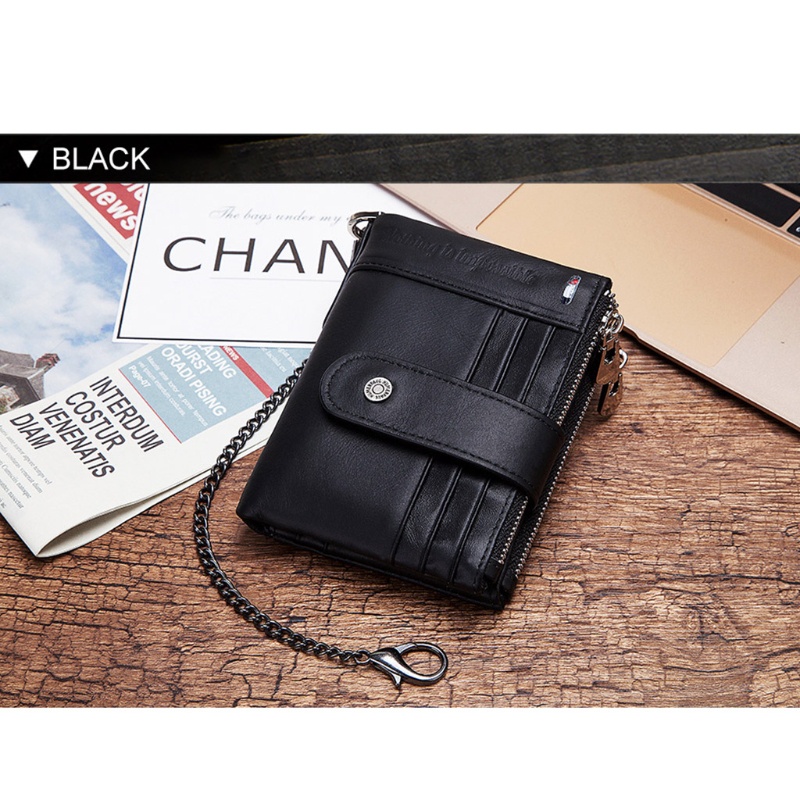 Youyo Ví Da Ngắn Gập Đôi RFID Có Dây Xích Chống Trộm Cho Nam