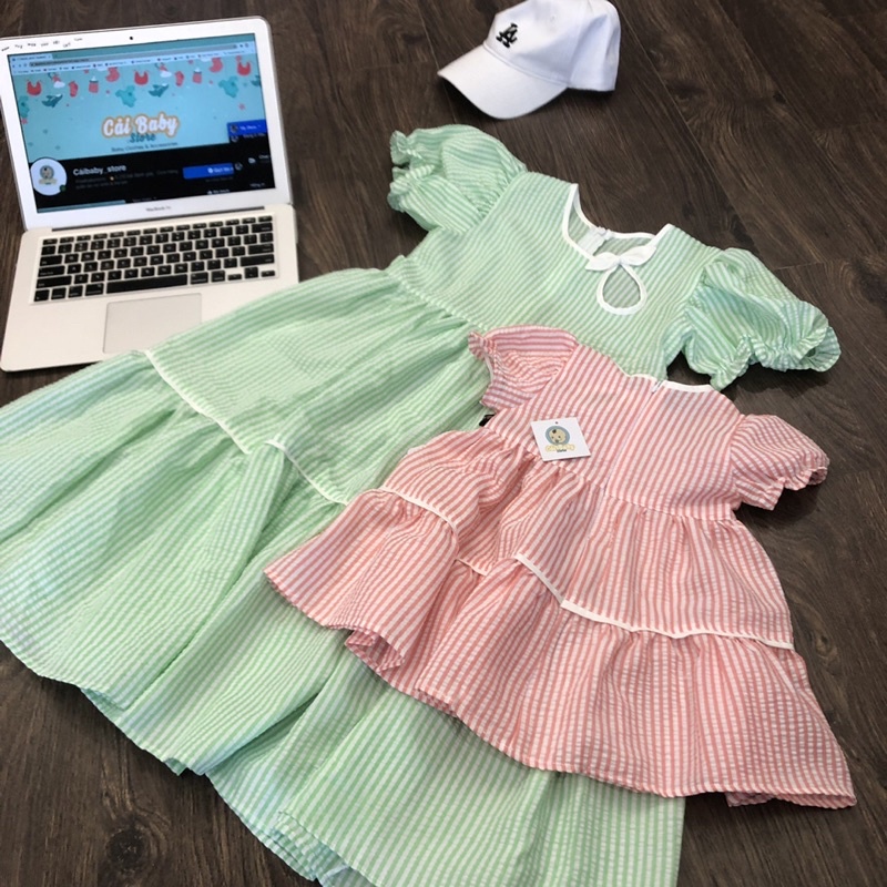 Váy Công Chúa Cổ Nơ Tay Bồng Chất Đũi Xốp Dễ Thương Cho Bé Gái