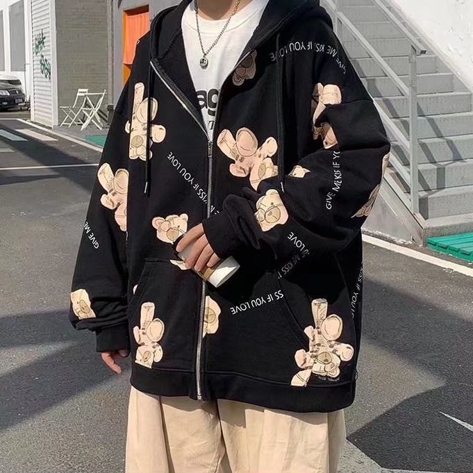 Áo Khoác Hoodie Dáng Rộng In Hình Gấu Đơn Giản Phong Cách Hàn Quốc Thời Trang Trẻ Trung Cho Nam