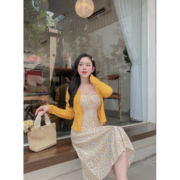 Set đầm hoa nhí vàng kèm áo khoác phong cách ngọt ngào- hàng thiết kế