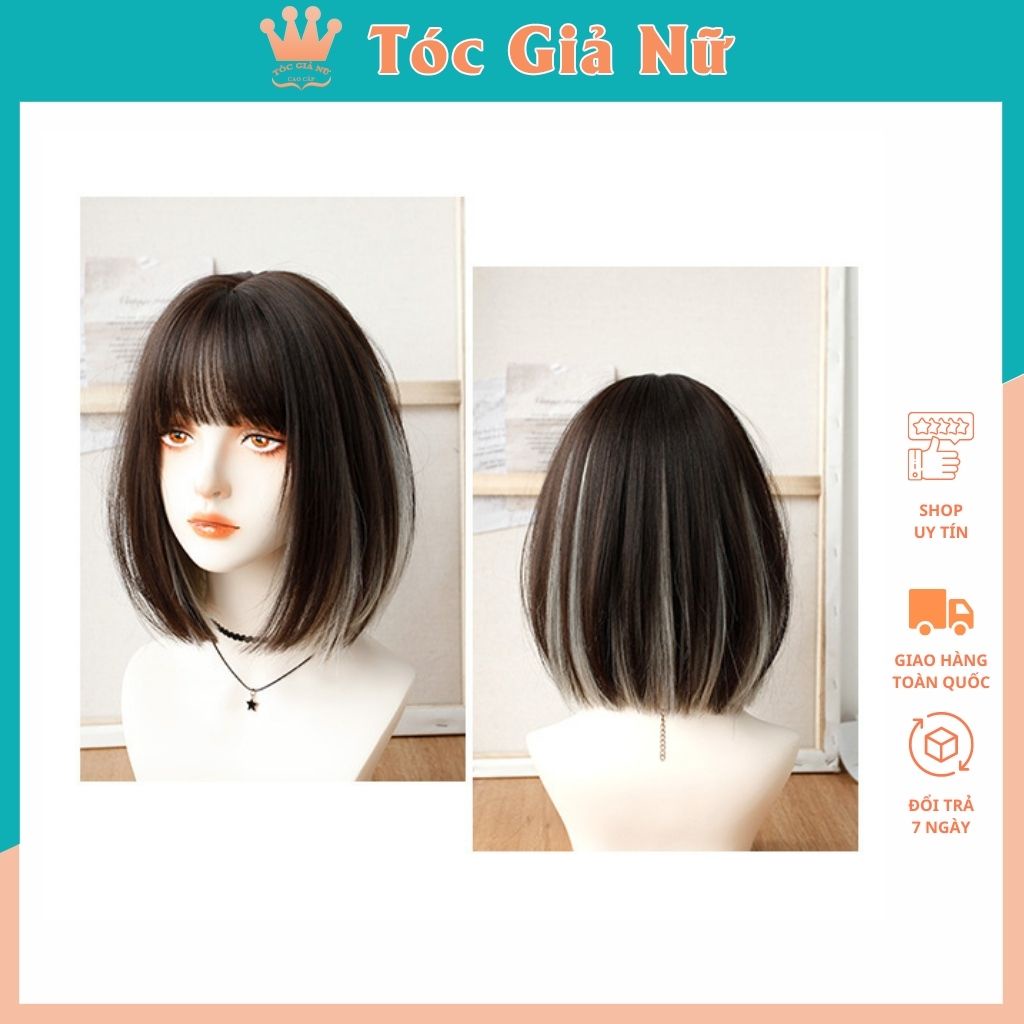 Tóc giả nữ đẹp nguyên đầu ngắn 34cm, phối line xám, tặng kèm lưới trùm wig, d3030