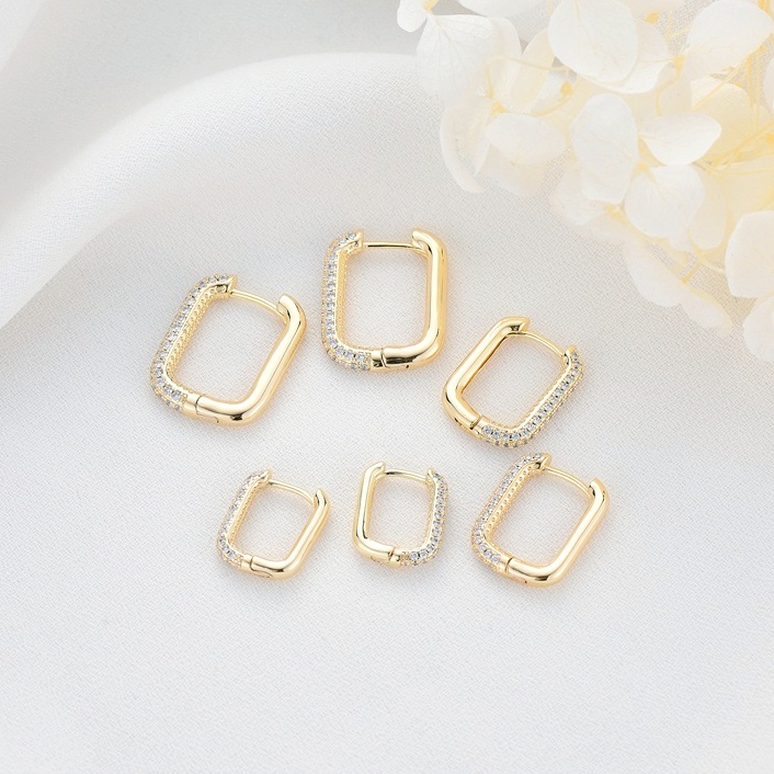 Bông Tai Mạ Vàng 14K Hình Chữ Nhật Đính Đá Zircon 3 Kích Cỡ Phong Cách Hàn Quốc Cho Nữ