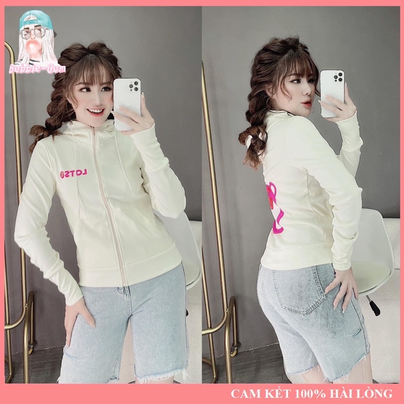 Áo Khoác Nữ Gấu Dâu Chữ Thêu Lưng To Chất Liệu Thun Gân Tay Xỏ Ngón Freesize Dưới 60kg Bubble Gum