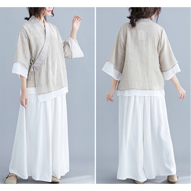 Đồ lam chùa cao cấp Thiền Chay, trang phục ngồi thiền và tập yoga vải đũi mềm 2 lớp cổ chéo