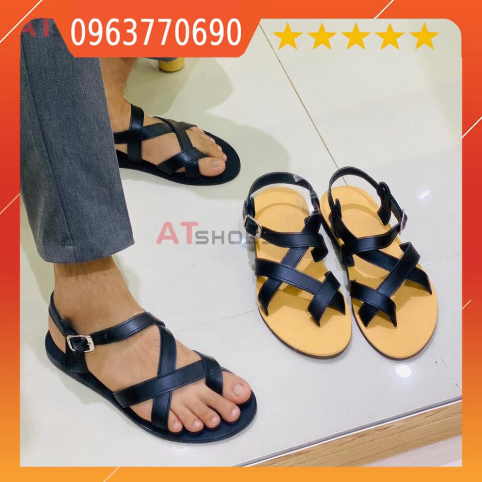 Dép Sandal Unisex cao cấp Da Bò Thật Sandal xỏ ngón nam nữ chuẩn kiểu Hàn Quốc Trẻ Trung Atshoes AT40(Đen Đế vàng)