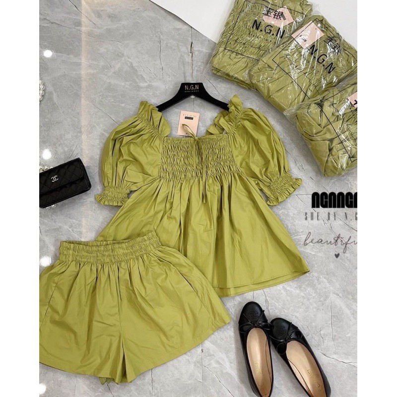 SNU226 - SET ĐÙI NỮ XANH CỐM CHUN NGỰC TAY BỒNG | BigBuy360 - bigbuy360.vn