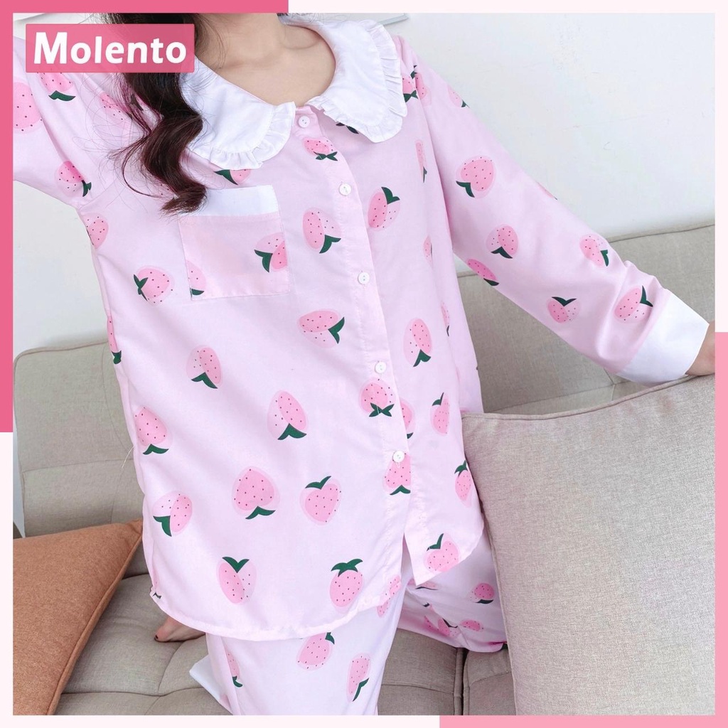 Đồ Pijama Nữ Tay Dài Cổ Sen Bèo MOLENTO Đồ Bộ Pijama Thu Đông Kate Thái Siêu Nhẹ Không Bai Xù Hay Phai Màu - M79