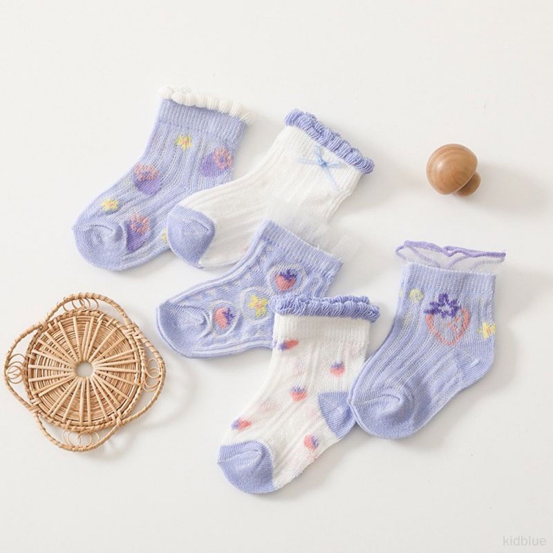 Bộ 5 Đôi Vớ Cotton Mỏng Phối Ren In Hoa Hoạt Hình Thời Trang Xuân Thu Cho Bé Gái