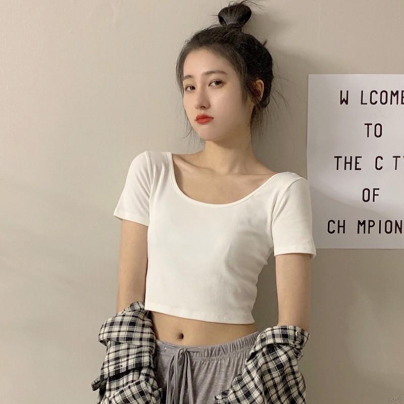 Áo Thun Nữ Tay Ngắn Màu Trơn Đơn Giản Phong Cách Hàn Quốc