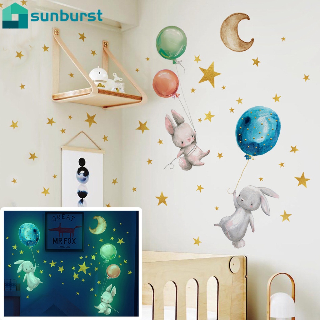 Miếng Dán Tường Dạ Quang Bằng PVC In Hình Thỏ Hoạt Hình Tháo Được Trang Trí Nhà Cửa