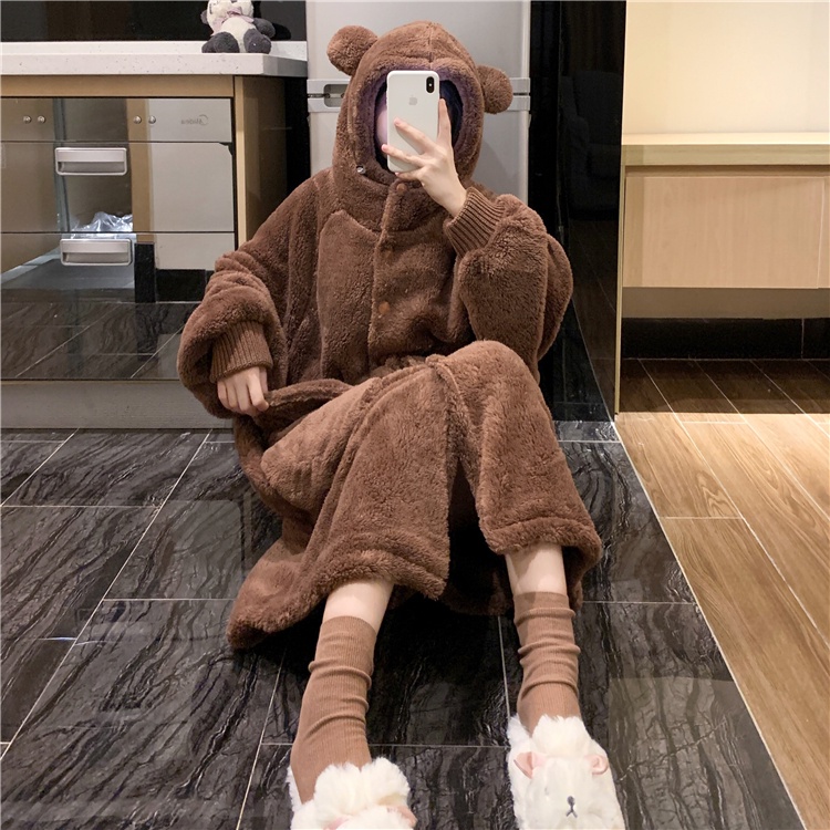 {Nightgown} Bộ Đồ Ngủ Vải Lông Hai Mặt Có Mũ Trùm Đầu Hình Gấu Dễ Thương Mặc Ở Nhà Ngoài Trời Thời Trang Thu Đông Cho Nữ 4JA9 * & & * | BigBuy360 - bigbuy360.vn