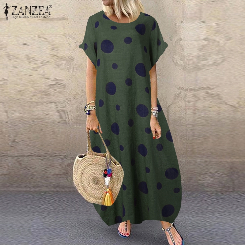 ZANZEA  Đầm Maxi Họa Tiết Chấm Bi Phong Cách Retro