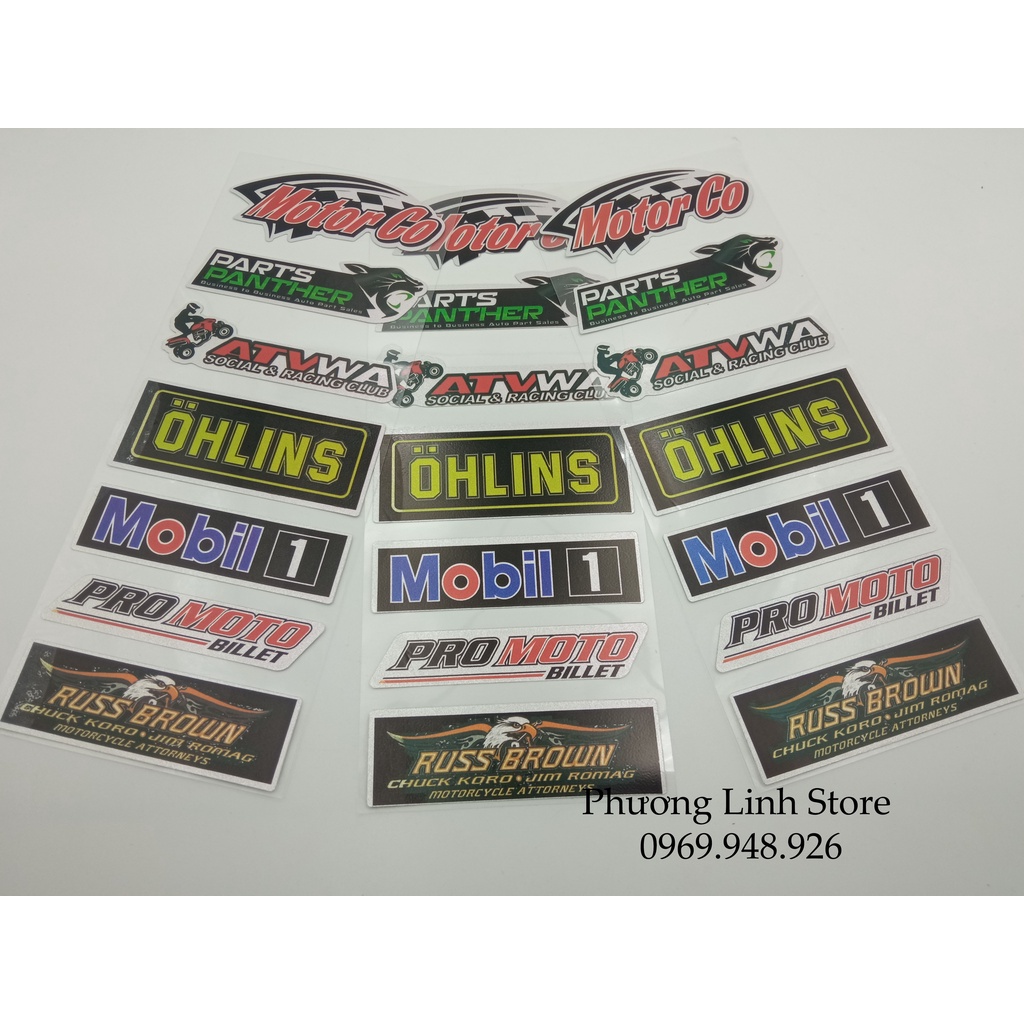 Combo 6 Tem dán phuộc, decal dán xe máy nhiều loại, logo dán xe Motor Go/ Russ Brown
