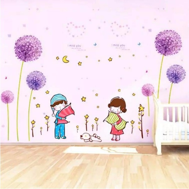 BỘ COMBO DECAL GHÉP ĐÔI TRANG TRÍ - Bồ Công anh Tím 2 tấm kết hợp Gái Trái vui vẻ( 3 TẤM )