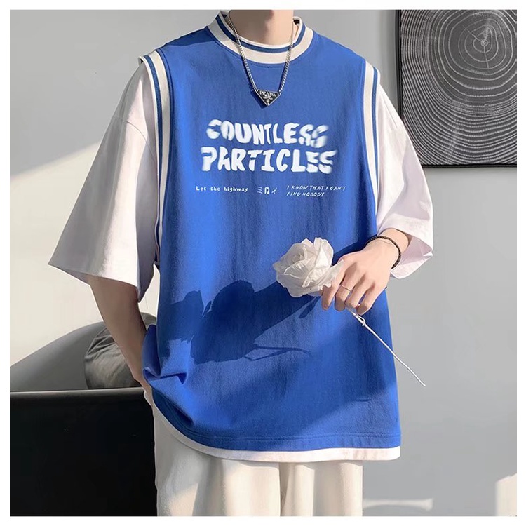 Áo Thun Tay Ngắn Dáng Rộng Giả Hai Lớp Phong Cách Bóng Rổ Hồng Kông Size M-5XL Dành Cho Nam Và Nữ