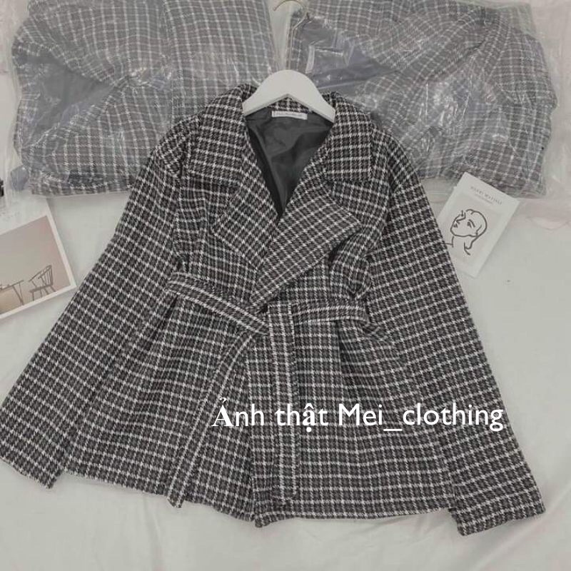 [Ảnh thật/sẵn] Áo dạ kẻ răng sói 2 lớp kèm đai phong cách Hàn Quốc trendy