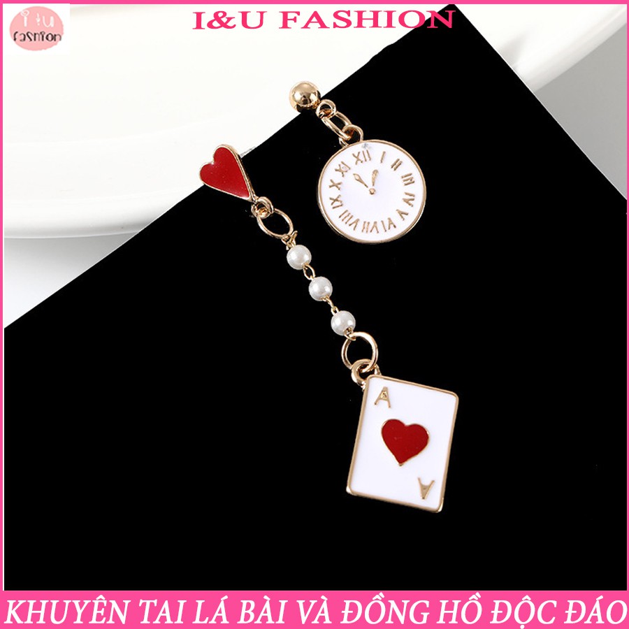 Bông tai khuyên tai nữ hình đồng hồ và lá bài bất đối xứng màu trắng cực xinh xắn KT-55