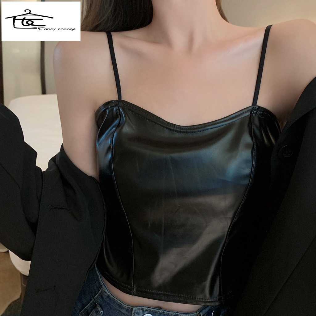 Hàng Có Sẵn Bán Chạy~Áo Da PU Nhỏ Không Tay Dáng Ngắn Phong Cách Âu Mỹ Sành Điệu Cho Nữ