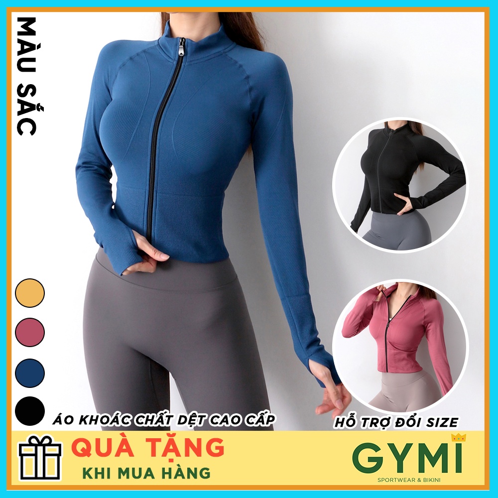 Áo khoác tập gym yoga nữ GYMI AK12 dáng croptop thể thao chất dệt co giãn trẻ trung năng động chống nắng