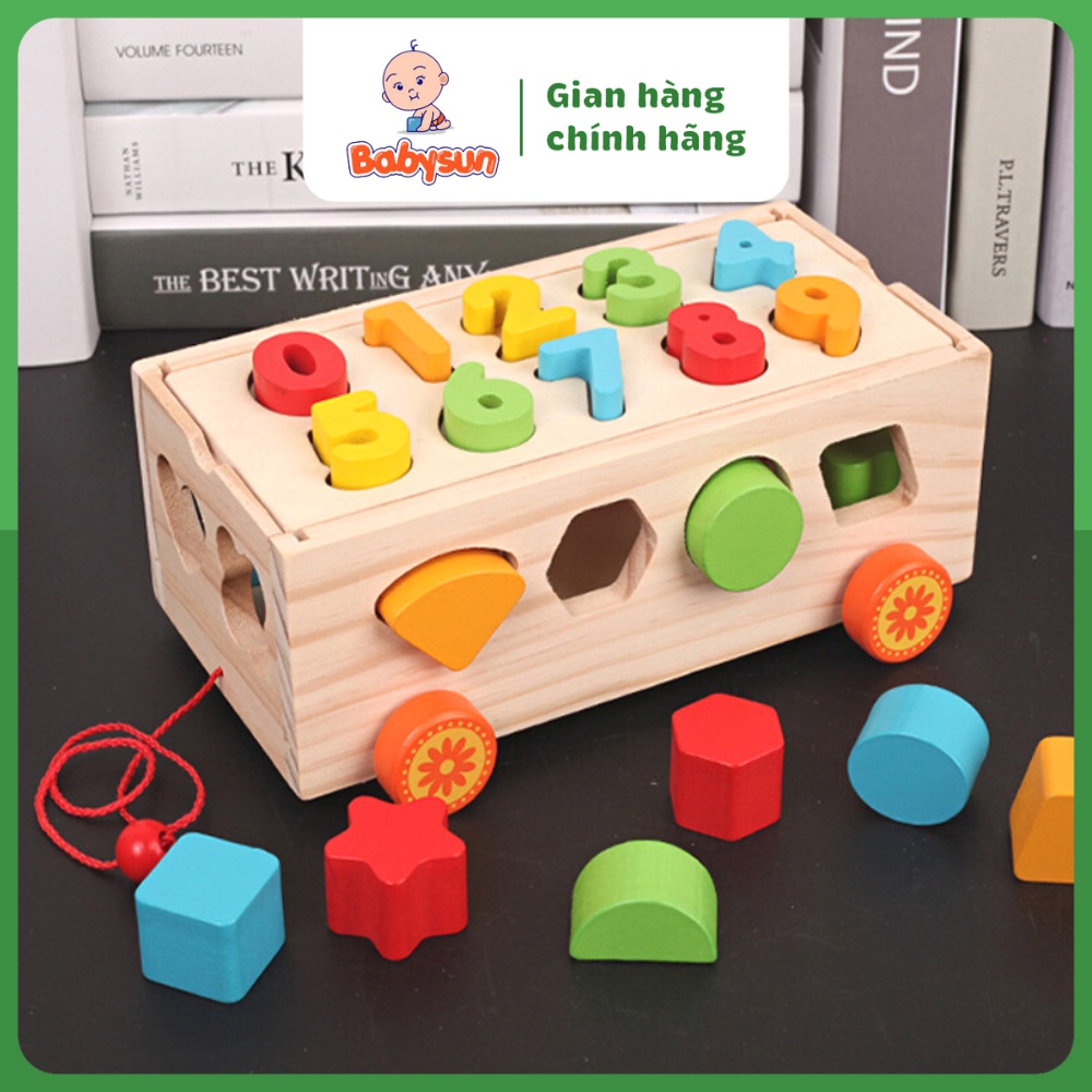 Bộ đồ chơi xe kéo thả hình khối và ghép số bằng gỗ cho bé - đồ chơi gỗ phát triển trí tuệ