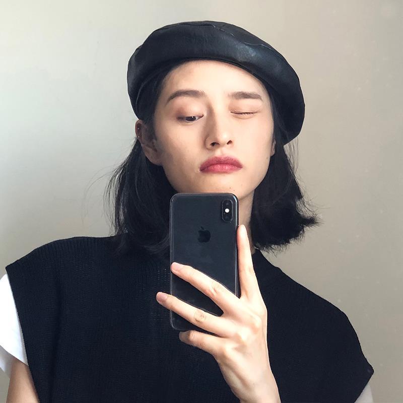 Mũ beret bằng da PU phong cách Hàn Quốc retro cho nữ