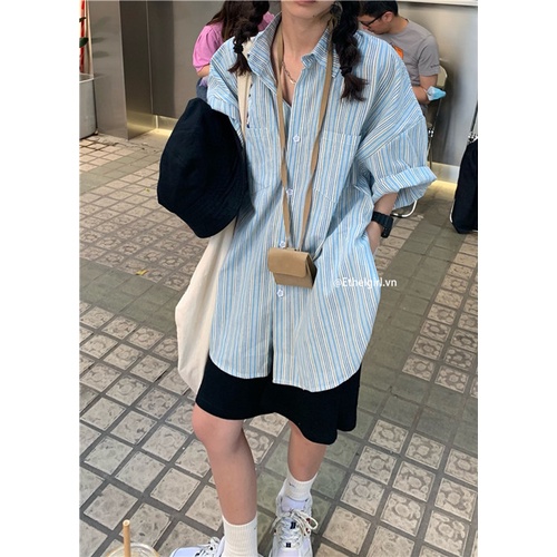 Áo Sơ Mi Nữ Ngắn Tay Kẻ Sọc Dáng Rộng Kiểu Hàn Quốc