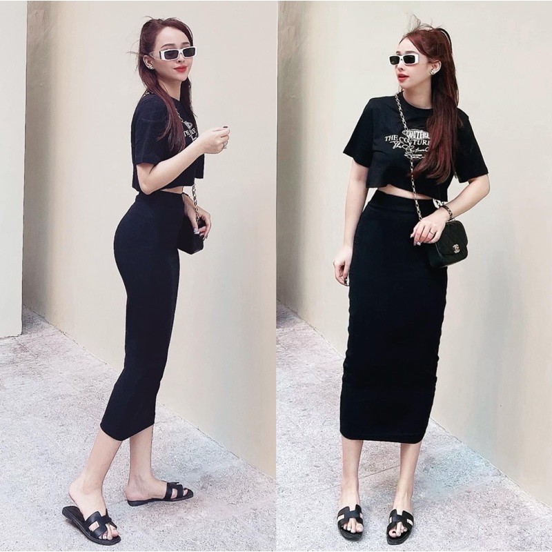 Set áo crop chữ chân váy bút chì