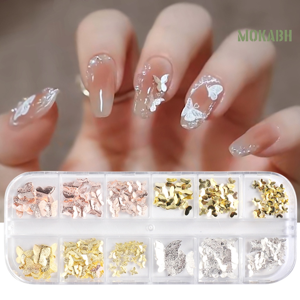 1 Hộp Phụ Kiện Trang Trí Móng Tay Hình Bướm 3D Bằng Kim Loại Chống Phai