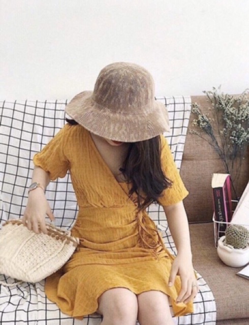 (Ảnh thật)Đầm xòe nhún xốp vàng rút hông eo sexy vải đẹp | BigBuy360 - bigbuy360.vn