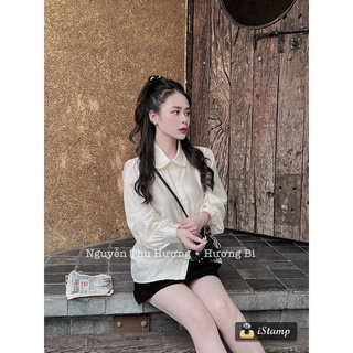 Áo sơmi tơ be tay bồng cổ sen